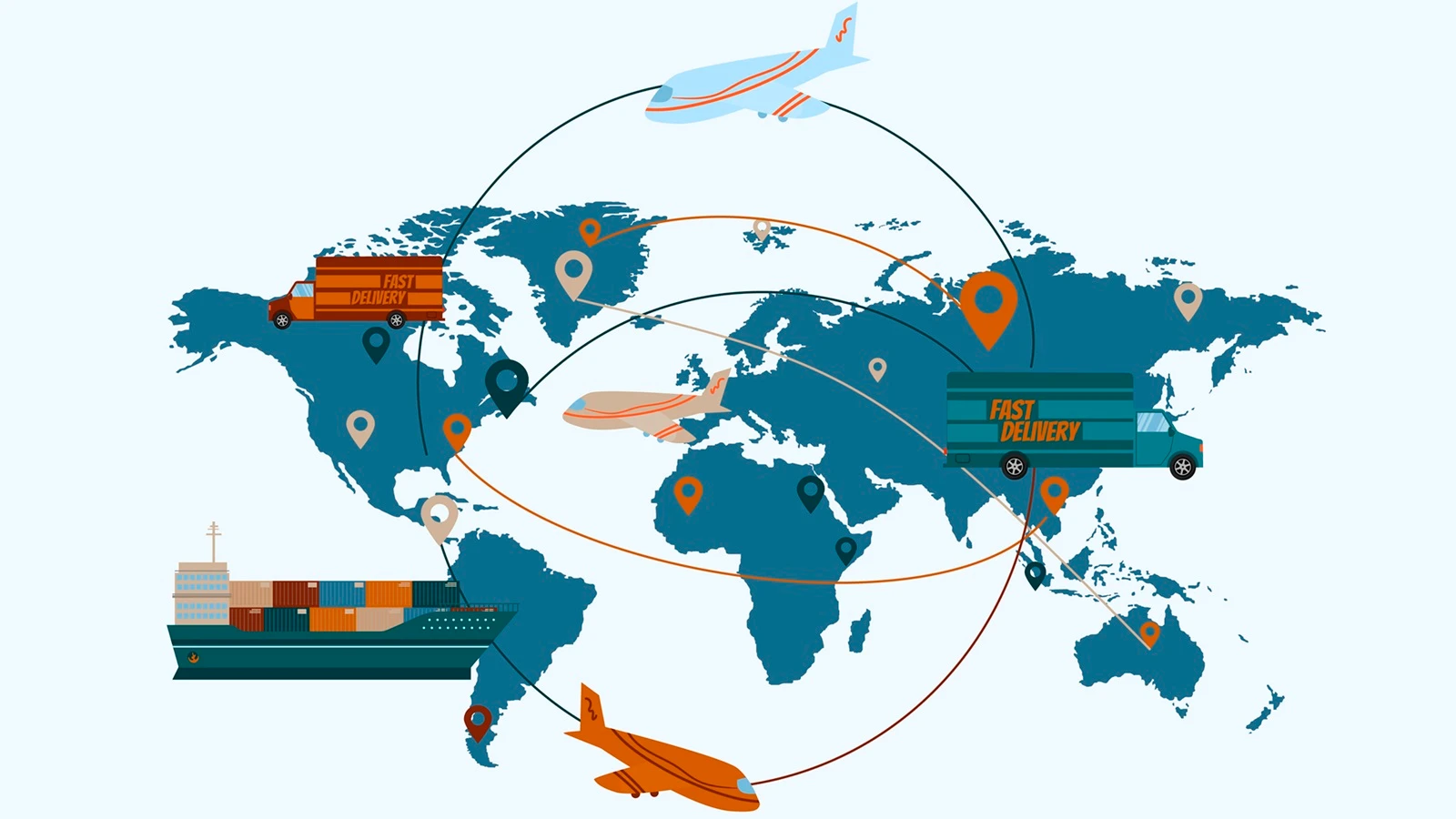 Global map representing international trade routes and markets